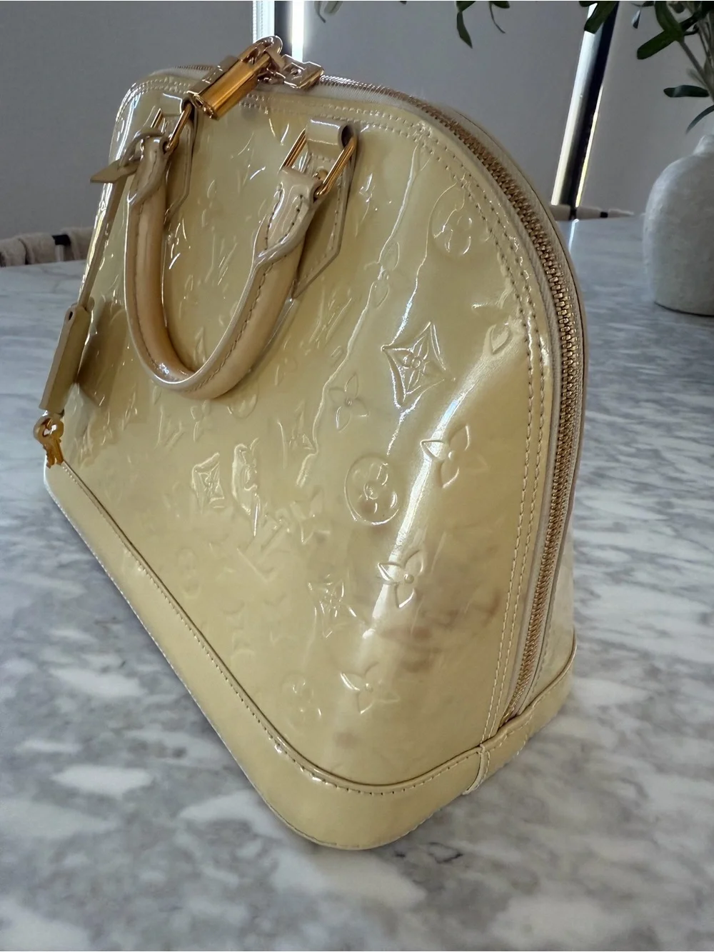Louis Vuitton Alma Monogram Vernis Ivory Cream Patent Leather